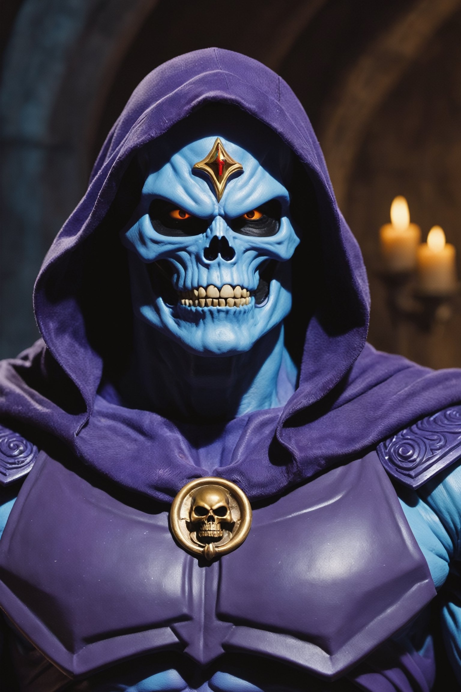 A cosmic malevolence personified, Skeletor's muscular form is enhanced by dark sorcery. Draped in an otherworldly cloak adorned with cosmic symbols, his exposed skull gleams with an unnatural, ethereal glow. Skeletor's mastery of dark magic and his command of Castle Grayskull's secrets make him a formidable force against the forces of good.