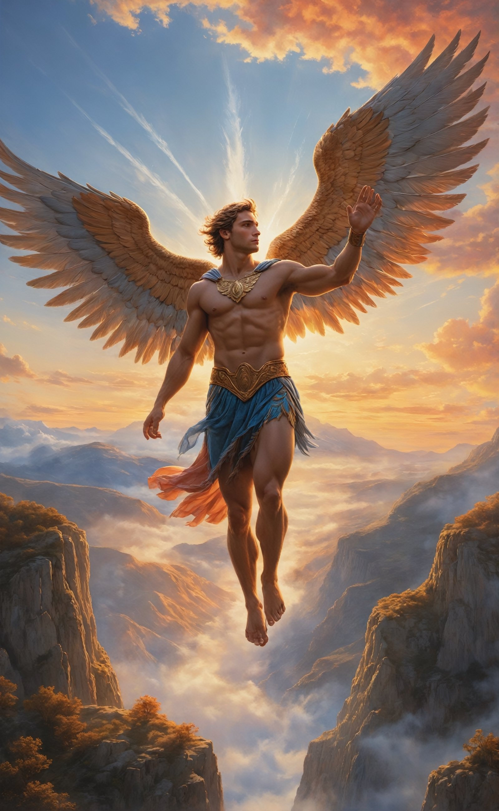 Against the backdrop of a vast, ethereal sky, the mythological figure of Icarus soars with breathtaking realism, his outstretched wings capturing the delicate hues of dawn. The meticulously detailed feathers of his wings create a mesmerizing pattern, glistening in the gentle sunlight as he ascends higher into the heavens. The warmth of the golden sun bathes his figure in a soft glow, casting a subtle shadow on the wisps of clouds below. Icarus, with determination etched on his face, propels himself towards the sun, his journey encapsulating both the yearning for freedom and the tragic inevitability of his mythical fate. The celestial canvas is painted with hues of orange and pink, adding a poetic touch to this poignant moment of flight and ambition, frozen in a photorealistic tableau of classical mythology.