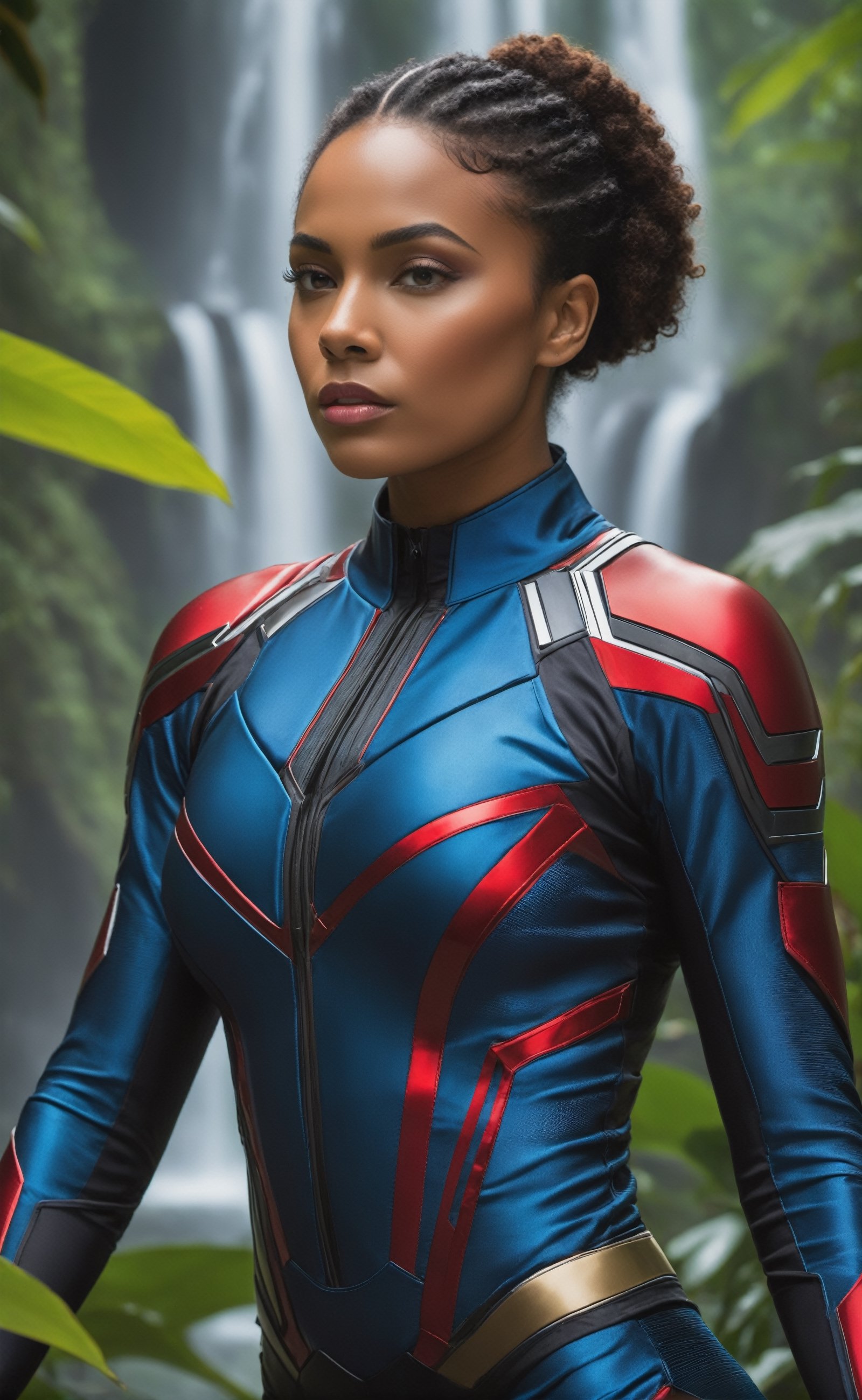 At the precipice of a lush, futuristic jungle, a superlatively athletic woman commands attention in a strikingly detailed photorealistic portrayal. Donned in a sleek and technologically advanced crimson suit reminiscent of the Black Panther's, she exudes strength and grace. The form-fitting ensemble accentuates her toned physique, seamlessly blending with the contours of her body. The reflective surfaces of the futuristic fabric catch the ambient light, creating a subtle yet mesmerizing play of highlights and shadows. Her athletic prowess is showcased as she confidently stands on the edge of a colossal waterfall, the cascading water creating a dynamic backdrop. The vibrant hues of the jungle foliage amplify the intensity of the scene, while the futuristic elements of her suit suggest a seamless integration of advanced technology with natural surroundings. This photorealistic image captures the essence of a powerful and futuristic female warrior in a visually stunning setting, ready to embark on a thrilling adventure.