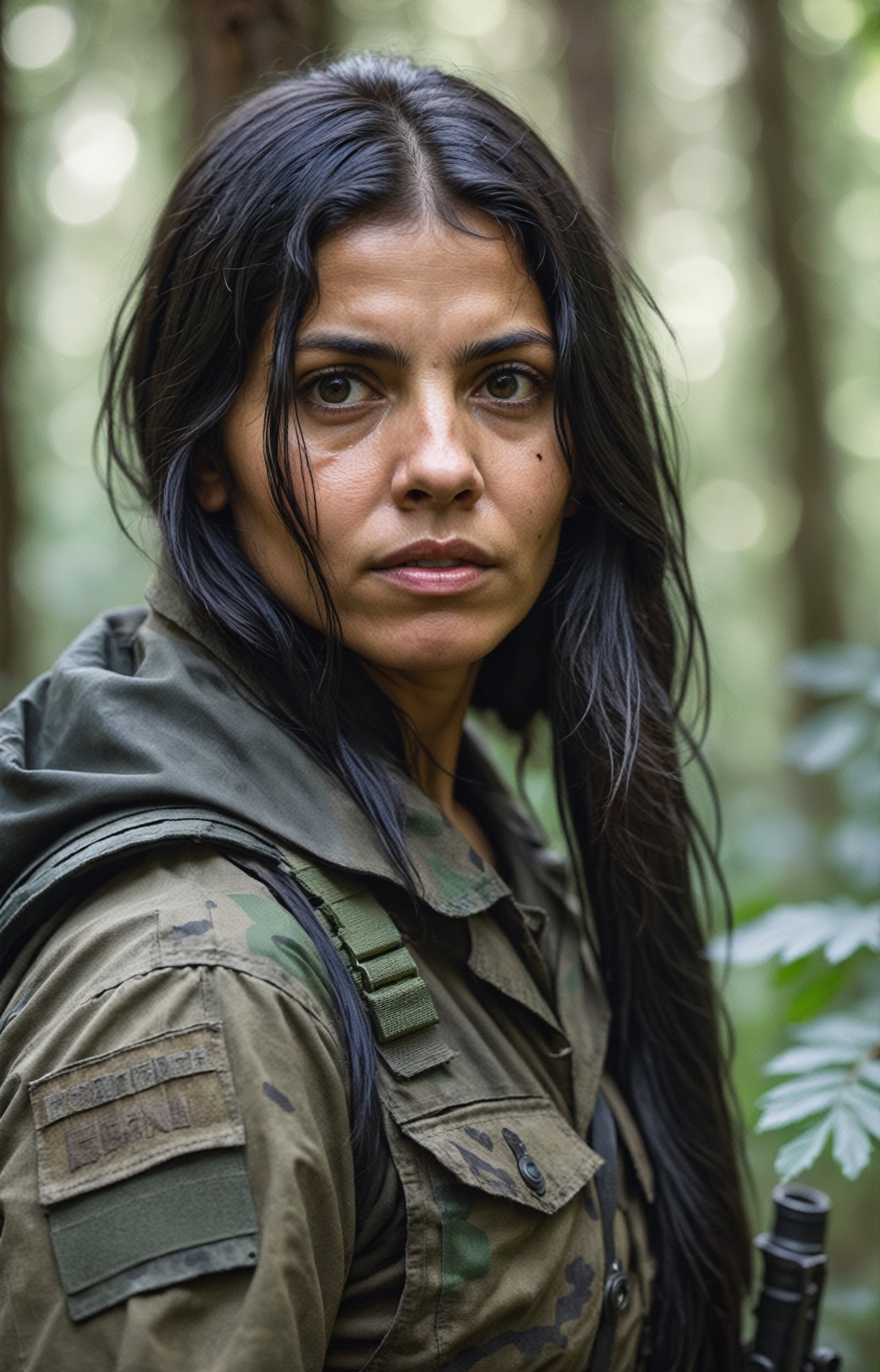 vintage closeup portrait photograph of a supernaturally beautiful Roma woman guerrilla fighter commando with long thick straight glossy black hair, she is wearing tattered camouflage commando gear in an old-growth forest setting, superb bokeh 