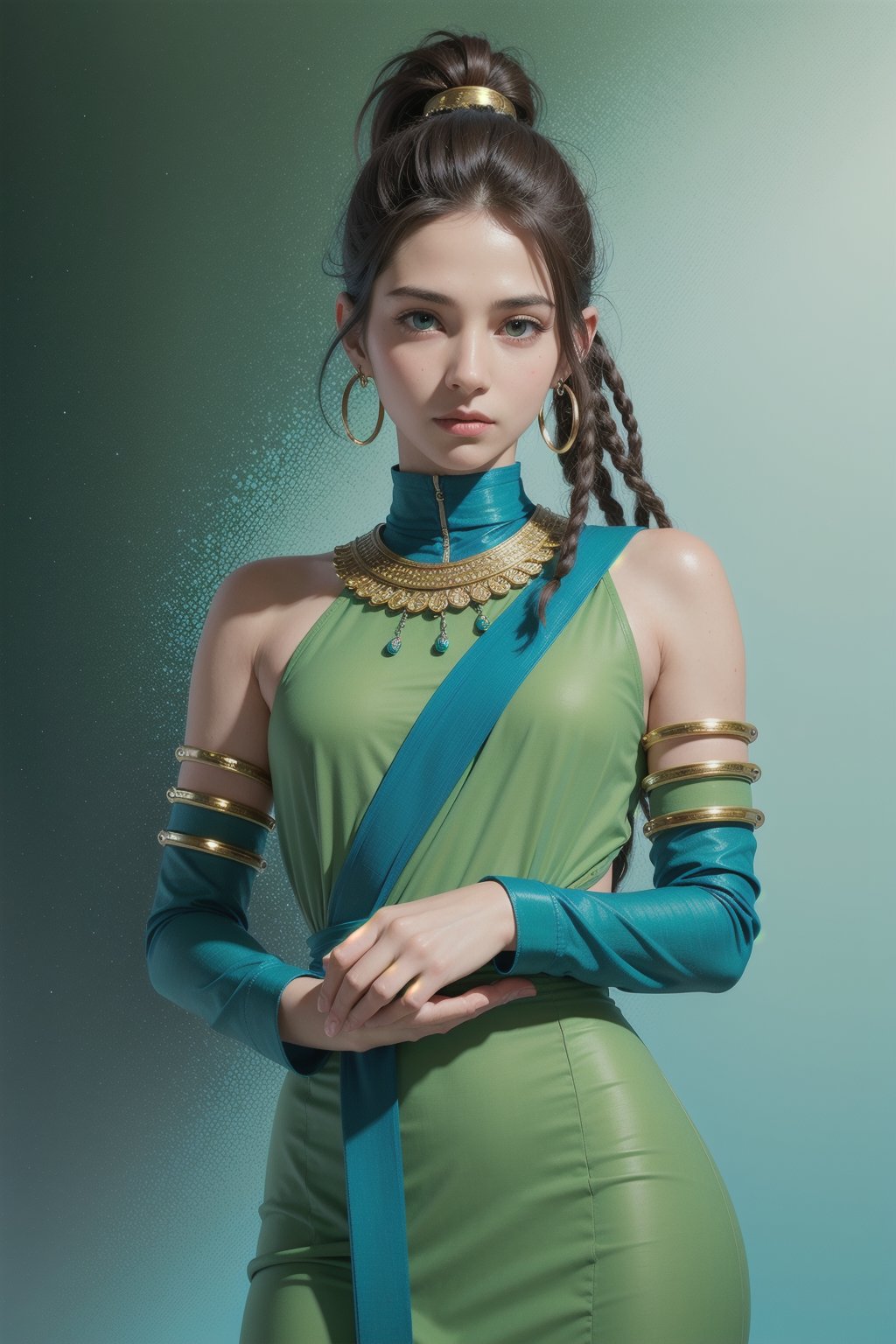 Protrait, photograph, androgynous hunnuman, oval jaw, delicate features, beautiful face, dreadlocked hair, long bangs, long ponytail, bright blue-green eyes, hindu art, Korean, full body view,