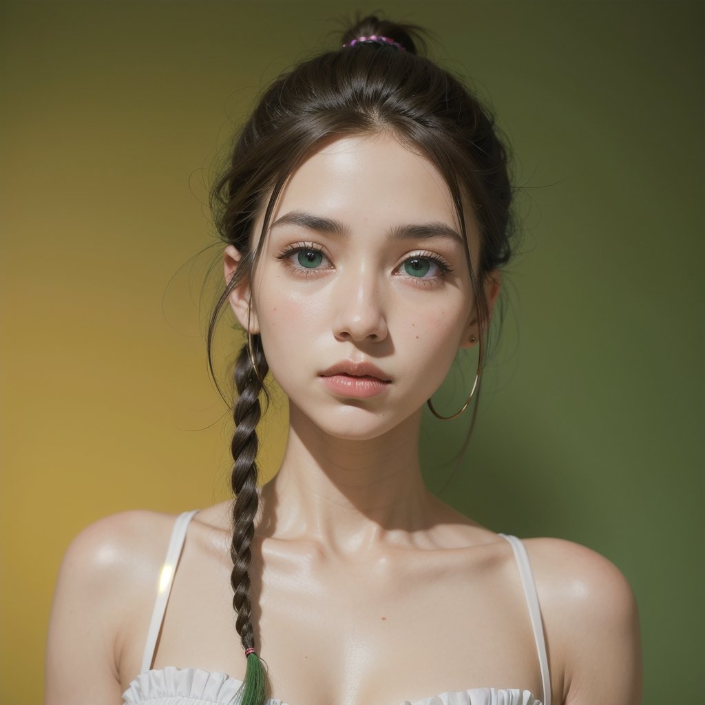 Protrait, photograph, androgynous hunnuman, oval jaw, delicate features, beautiful face, dreadlocked hair, long bangs, long ponytail, bright blue-green eyes, hindu art, Korean