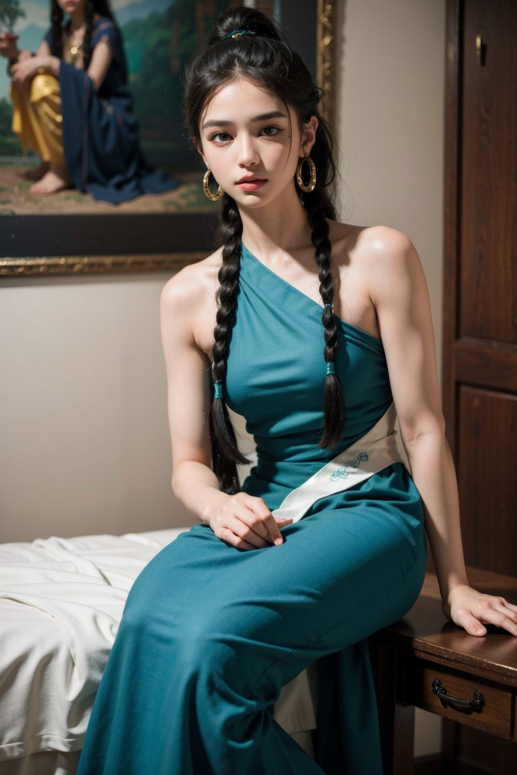 Protrait, photograph, androgynous hunnuman, oval jaw, delicate features, beautiful face, dreadlocked hair, long bangs, long ponytail, bright blue-green eyes, hindu art, Korean, full body view,