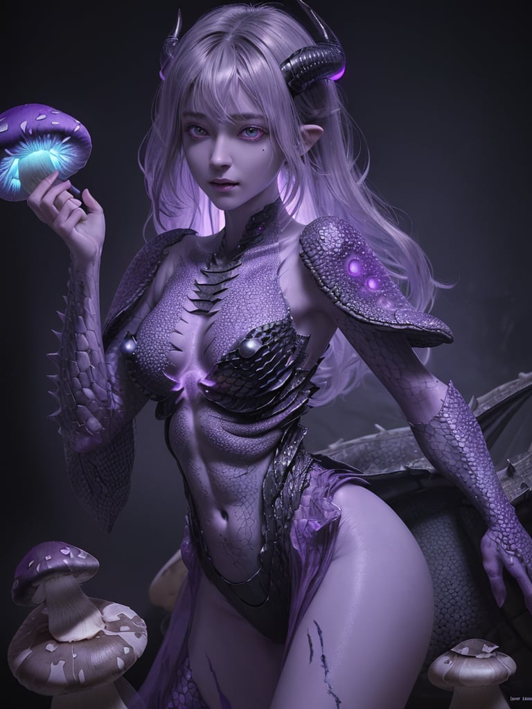 ultra detailed abstract painting of a cute pale draconian MaiAI, slim body, perfect anatomy, (dragon horns:1.2), BREAK (beautiful purple eyes) BREAKupper body, small breasts, (blackish ShroomPunkAI scaly skin:1.3),hyperdetailed painting, luminism, 4k resolution, cinematic light,bioluminescence,Soft Lighting, Photographic Realism,3d rendering, octane rendering, ((woman face))