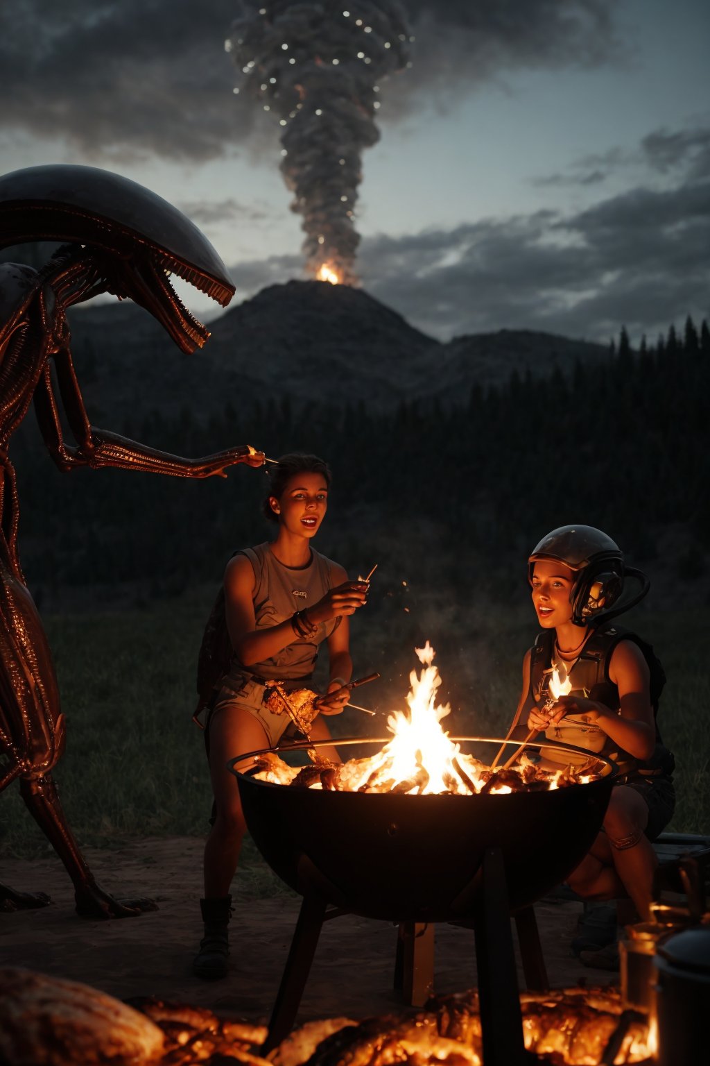 Epic realism, aliens sharing barbecue with humans, hd, realistic