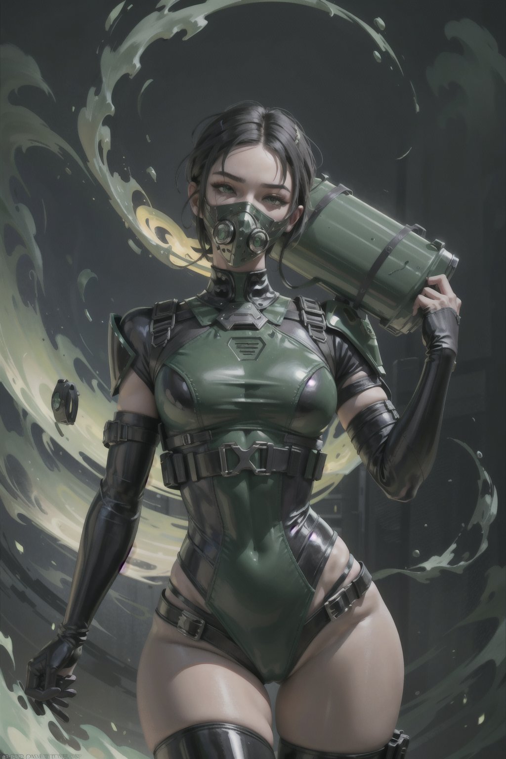Viper is a striking character with black short hair and green eyes, wearing a green suit, black shoulder plates, and thigh-high boots. Her mask turns into a gas mask during her ultimate ability, and she carries a container of toxins on her back