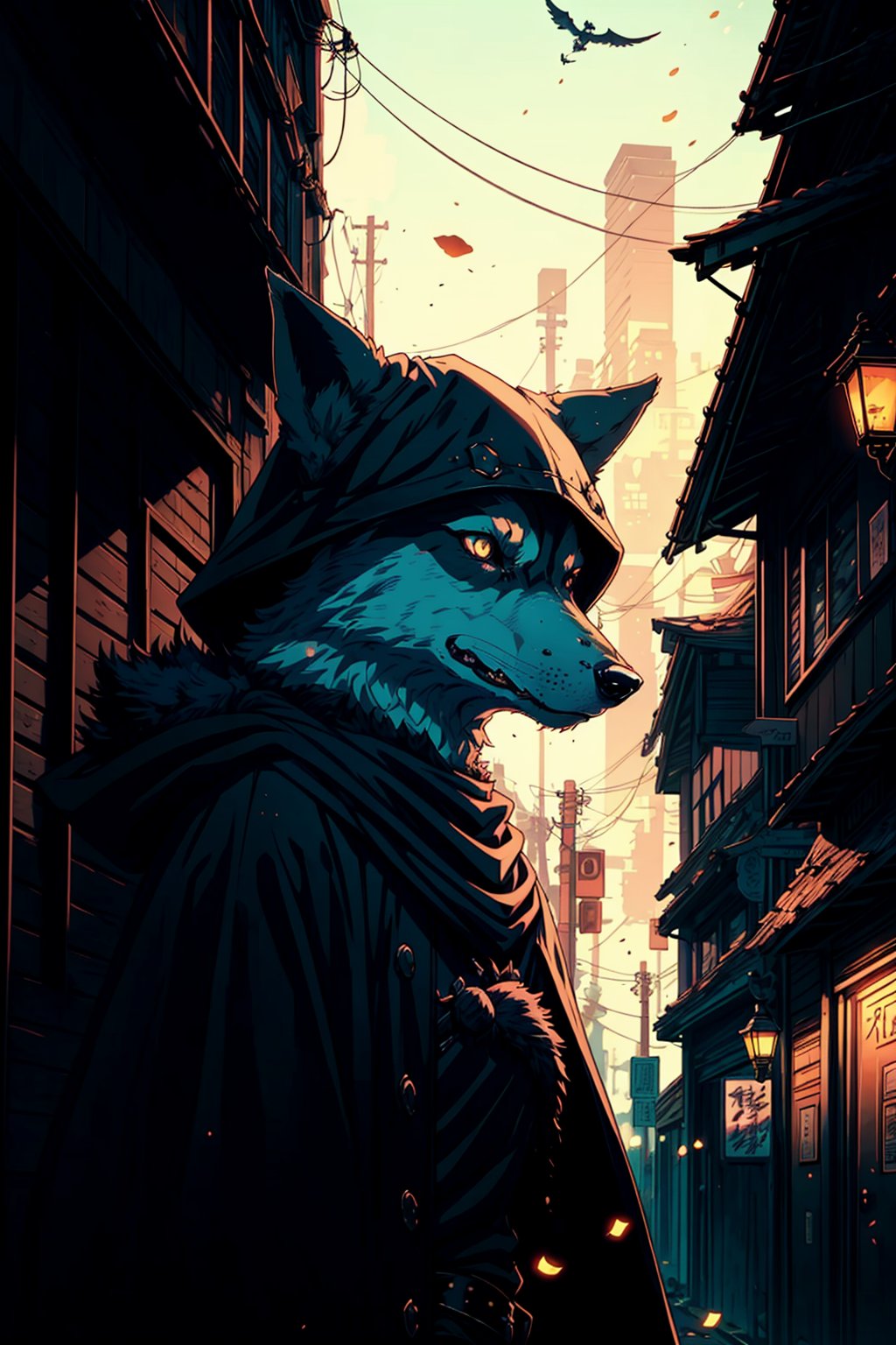 A portrait of Marshmallow appeared from a dimly lit alley wearing a black winter cape and a wolf's head hood. Movements were graceful and radiated an aura of strength and danger. He seemed like a guardian of secrets, a sentinel of the night who had forged an unbreakable bond with the wild and untamed.,1 page manga