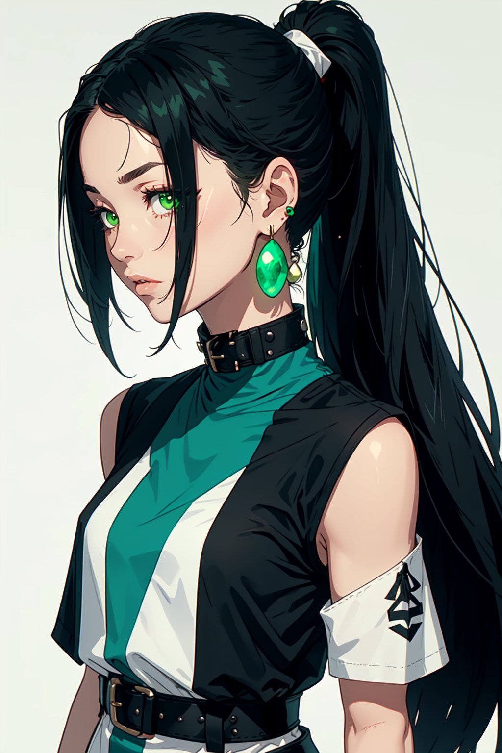The woman has fair skin and appears tall with very long black hair styled in a ponytail. Her inner clothing is black, while her outer clothing is white and looser. Additionally, she wears green as a collar, belt, and design on her dress. As for accessories, she wears green orbs around her lower body and smaller ones as earrings