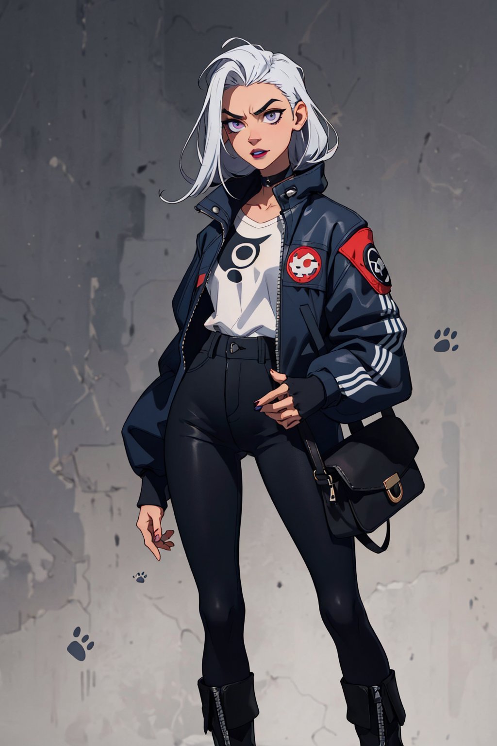 ((masterpiece, best quality, highres:1.2)) This is a high-resolution of a lighter-skinned slim woman with a highly grungy aesthetic. She wears dramatic black rectangular eyeshadow, black lipstick, dark oval markings on her face and neck, and hair that transitions from black to white. The paw print-like marking on her neck and the paw prints on the soles of her shoes.  She wears an outfit composed of dark blue and black accents, such as her shirt and sleeves - which are ripped, matching the gloves she wears, which expose hands adorned with henna. Her blue jacket sports a Nazar, or 'Evil Eye,' a symbol of protection from misfortune in Türkiye and nearby countries. With a spiky purple collar and silver lining, her jacket is also marked with shapes in this same color. Her black and dark blue pants, with stitched detailing on her left thigh. On her waist is a second Nazar, where her two bags are: a black one on her right thigh and a purple one on her left hip. She has steel-capped black leather-look boots with paw prints on the sole. 