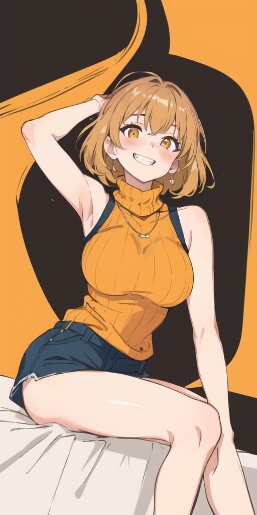 masterpiece,best quality,detailed faces and eyes,1girl, breasts, orange_shirt, solo, short_hair, smile, sweater, turtleneck, ribbed_sweater, blush, sleeveless, orange_sweater, looking_at_viewer, brown_eyes, outline, blonde_hair, upper_body, bare_shoulders, brown_hair, grin, sleeveless_turtleneck, yellow_eyes,cartoon 