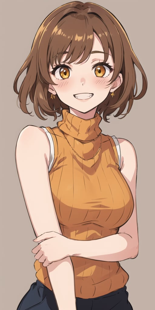 masterpiece,best quality,detailed faces and eyes,1girl, breasts,complex_background,2detailed hand, orange_shirt, solo, short_hair, smile, sweater, turtleneck,ribbed_sweater, blush, sleeveless, orange_sweater, looking_at_viewer, brown_eyes, outline, blonde_hair, upper_body, bare_shoulders, brown_hair, grin, sleeveless_turtleneck, yellow_eyes,cartoon ,