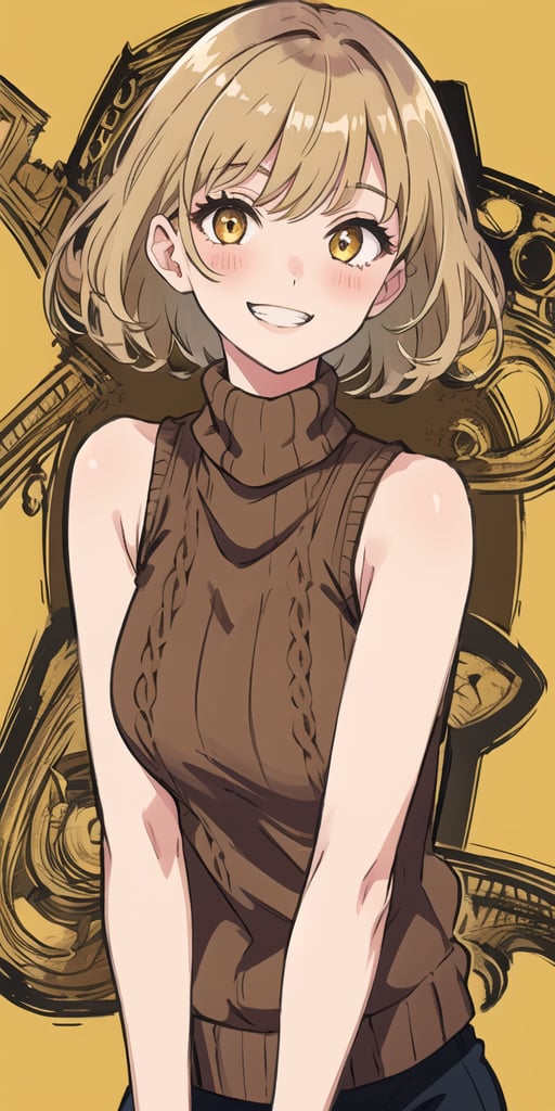 masterpiece,best quality,detailed faces and eyes,1girl, breasts,complex_background,1detailed hand, brown_shirt, solo, short_hair, smile, sweater, turtleneck,ribbed_sweater, blush, sleeveless, brown_sweater, looking_at_viewer, brown_eyes, outline, blonde_hair, upper_body, bare_shoulders, brown_hair, grin, sleeveless_turtleneck, yellow_eyes,cartoon ,thigh-highs,city_background,