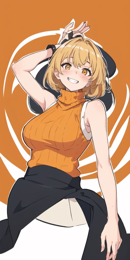 masterpiece,best quality,detailed faces and eyes,1girl, breasts,complex_background,2detailed hand, orange_shirt, solo, short_hair, smile, sweater, turtleneck,ribbed_sweater, blush, sleeveless, orange_sweater, looking_at_viewer, brown_eyes, outline, blonde_hair, upper_body, bare_shoulders, brown_hair, grin, sleeveless_turtleneck, yellow_eyes,cartoon ,