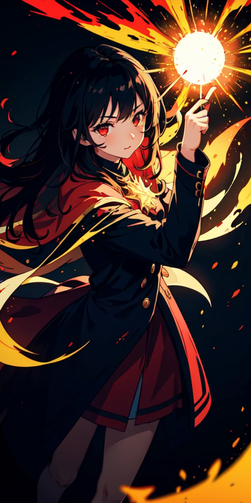 1girl, black hair, red eyes, fire witch, blood, light particles, light rays, wallpaper, high contrast, colorful,