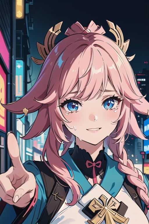 Closeup Portrait of a cute latina girl, dark blue tints, cyberpunk city in the background, scifi, 8k HDR, intricate details,yae_miko,yae_(genshin_impact),pink_hair,yae costume,crying,eye_contact,broken_heart,ran away from the camera,pointing at the camera using hand,smile