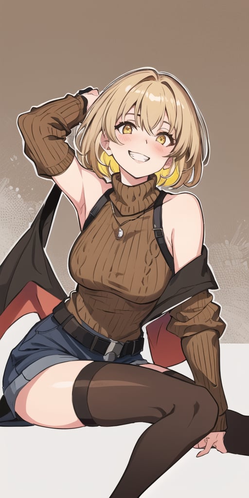 masterpiece,best quality,detailed faces and eyes,1girl, breasts,complex_background,1detailed hand, brown_shirt, solo, short_hair, smile, sweater, turtleneck,ribbed_sweater, blush, sleeveless, brown_sweater, looking_at_viewer, brown_eyes, outline, blonde_hair, upper_body, bare_shoulders, brown_hair, grin, sleeveless_turtleneck, yellow_eyes,cartoon ,stockings,thigh_highs,magallan_arknights