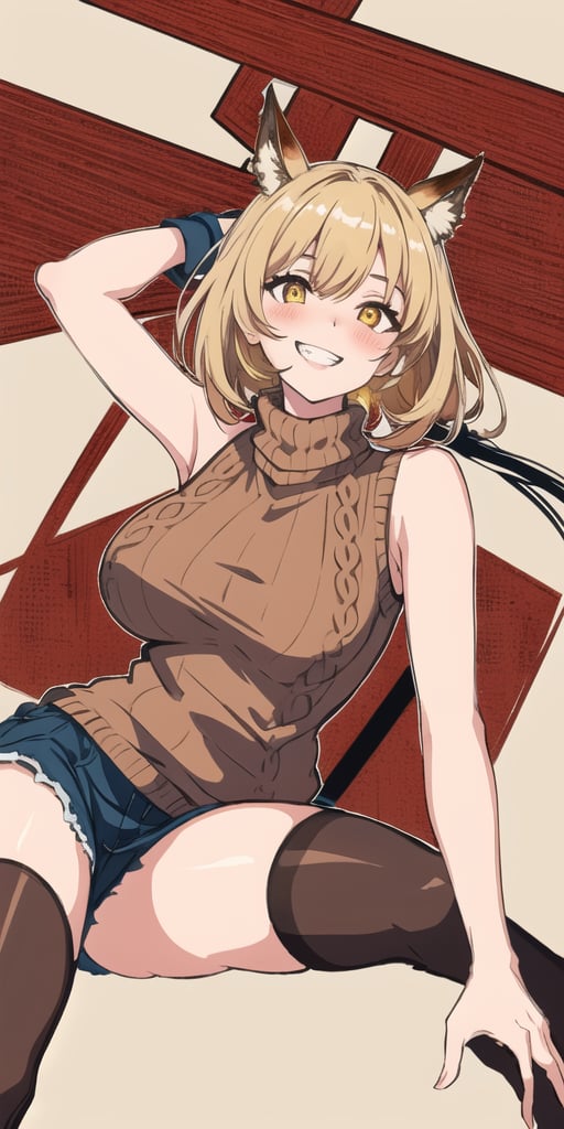 masterpiece,best quality,detailed faces and eyes,1girl, breasts,complex_background,1detailed hand, brown_shirt, solo, short_hair, smile, sweater, turtleneck,ribbed_sweater, blush, sleeveless, brown_sweater, looking_at_viewer, brown_eyes, outline, blonde_hair, upper_body, bare_shoulders, brown_hair, grin, sleeveless_turtleneck, yellow_eyes,cartoon ,stockings,thigh_highs,magallan_arknights