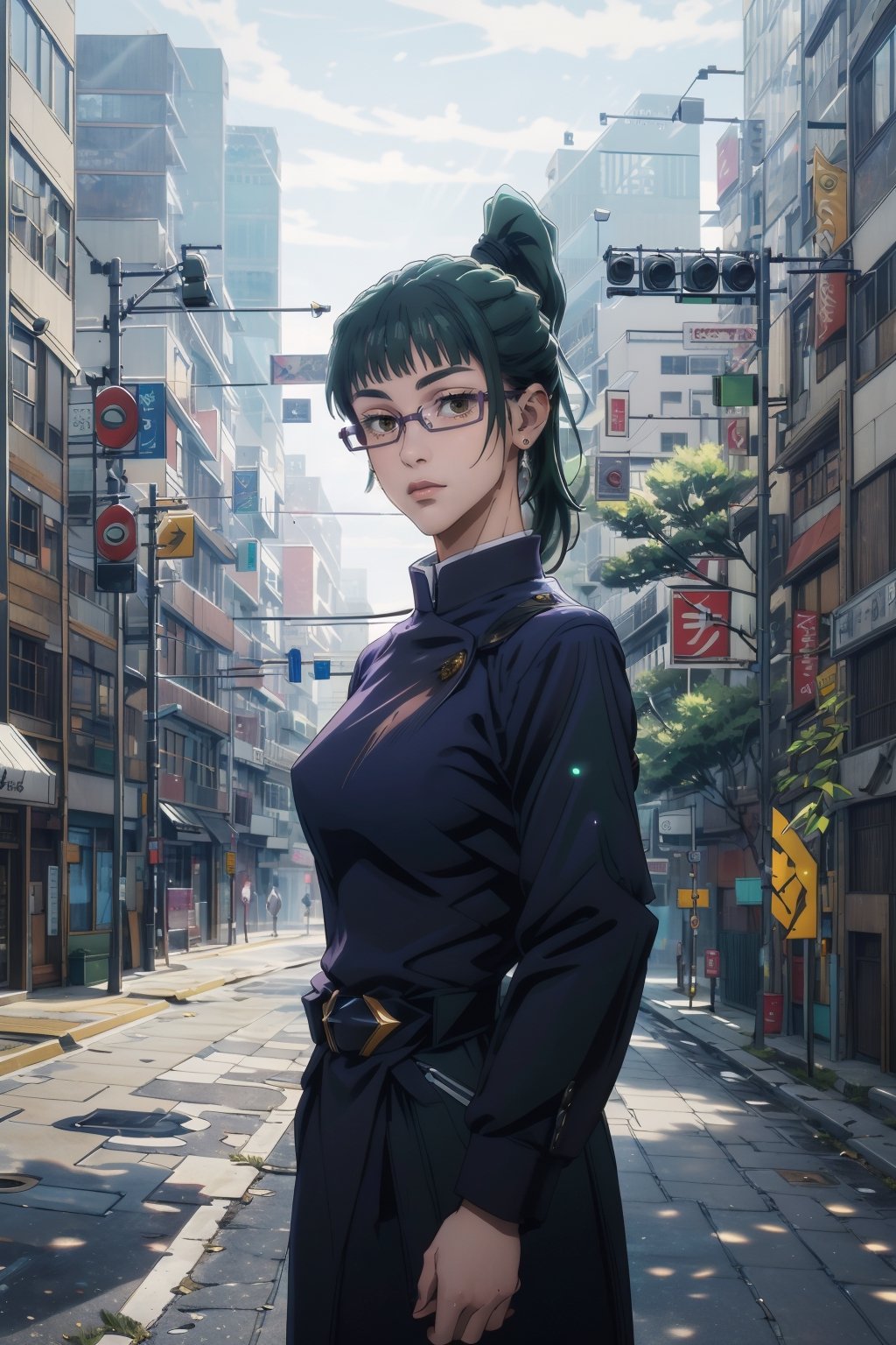 1girl, cowboy shot, beautiful ,zenin_maki,ponytail,glasses,bangs,green hair,brown eyes, outdoors, jujutsu_uniform, night,city , volumetric lighting, best quality, masterpiece, intricate details, tonemapping, sharp focus, hyper detailed, trending on Artstation,looking_at_viewer,glitter