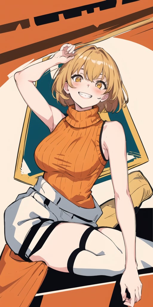 masterpiece,best quality,detailed faces and eyes,1girl, breasts,complex_background,1detailed hand, orange_shirt, solo, short_hair, smile, sweater, turtleneck,ribbed_sweater, blush, sleeveless, orange_sweater, looking_at_viewer, brown_eyes, outline, blonde_hair, upper_body, bare_shoulders, brown_hair, grin, sleeveless_turtleneck, yellow_eyes,cartoon ,stockings,