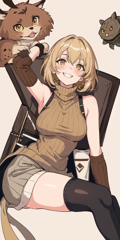 masterpiece,best quality,detailed faces and eyes,1girl, breasts,complex_background,1detailed hand, brown_shirt, solo, short_hair, smile, sweater, turtleneck,ribbed_sweater, blush, sleeveless, brown_sweater, looking_at_viewer, brown_eyes, outline, blonde_hair, upper_body, bare_shoulders, brown_hair, grin, sleeveless_turtleneck, yellow_eyes,cartoon ,stockings,thigh_highs,magallan_arknights