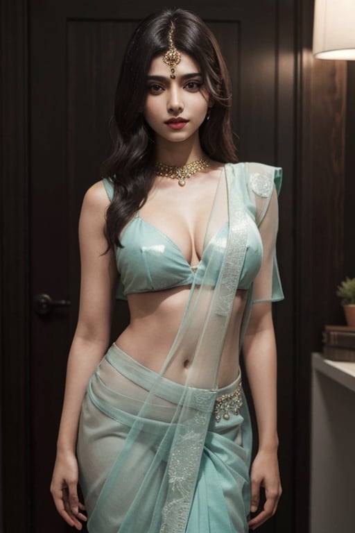 realistic Hot Indian model, dark skinned, transparent saree, boobs, 
