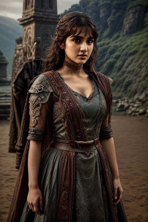 Full body, a Indian model Shirley setia as a game of thrones character ,  detailed face,  clear face,  Portrait, cinematic shot of game of thrones,  game of thrones dress, dragons in the background ,Indian