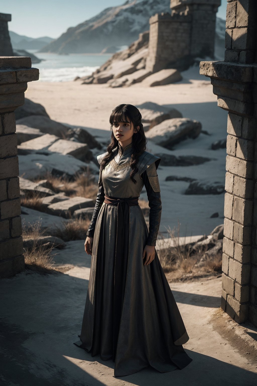 Full body, a Indian model Shirley setia as a game of thrones character ,  detailed face,   clear face,  Portrait, cinematic shot of game of thrones, dragons in the background 
