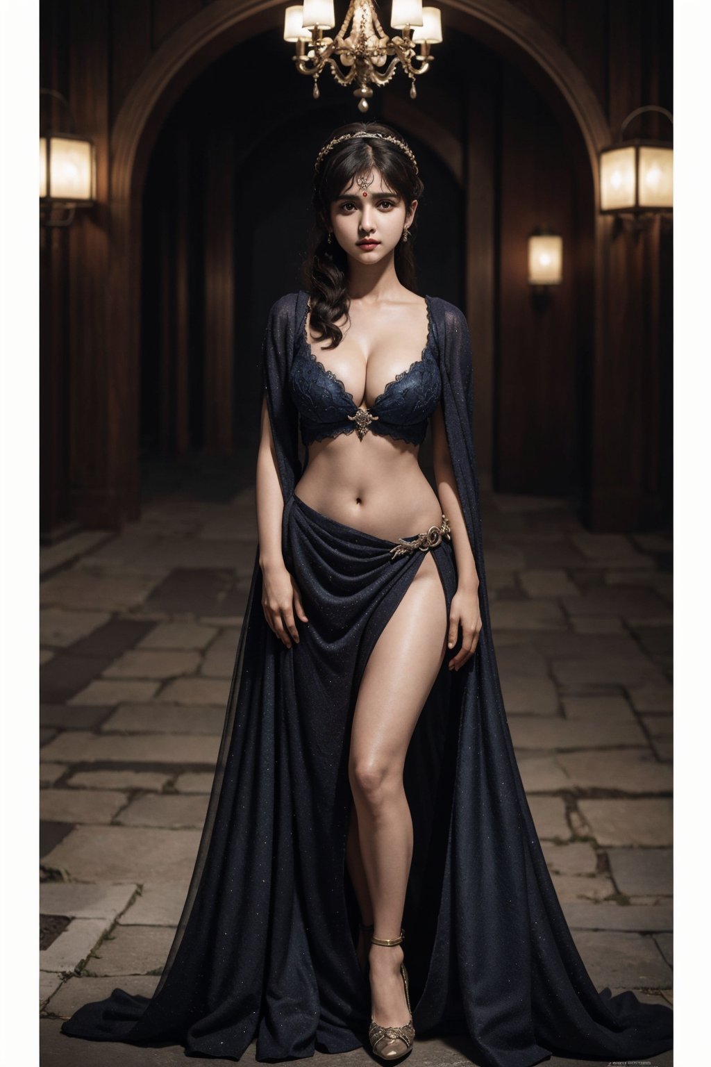 Full body, a Indian model Shirley setia as a game of thrones character ,  detailed face,  deep cleavage,  navel,  clear face,  Portrait, cinematic shot of game of thrones,  game of thrones dress, dragons in the background 