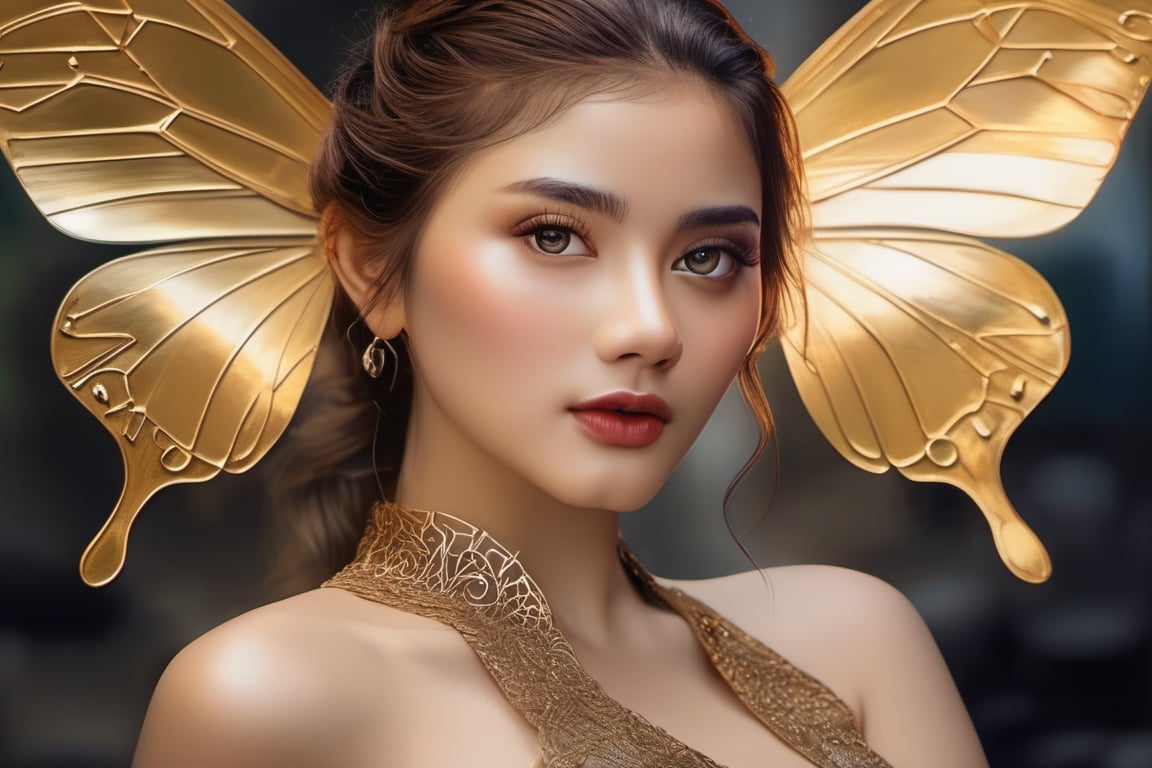 Portrait image , 8k portrait of beautiful cyborg with brown hair, intricate, elegant, highly detailed, majestic, digital photography, art by artgerm and ruan jia and greg rutkowski surreal painting gold butterfly filigree, broken glass, (masterpiece, sidelighting, finely detailed beautiful eyes: 1.2), hdr, realistic, high definition, 