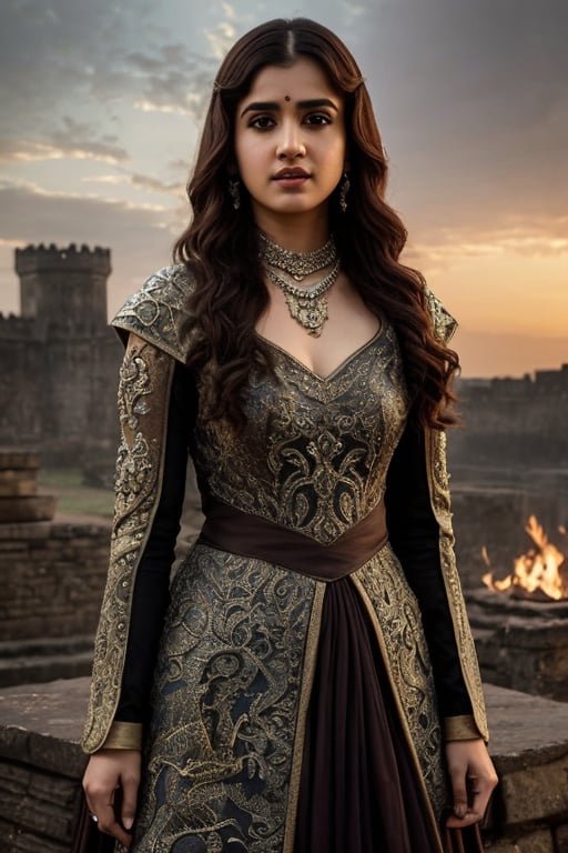 Full body, a Indian model Shirley setia as a game of thrones character ,  detailed face,   clear face,  Portrait, cinematic shot of game of thrones,  game of thrones dress, dragons in the background