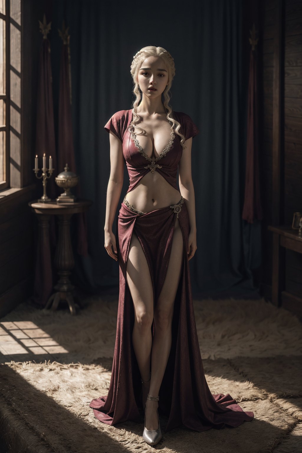 Full body, a model,  detailed face,  deep cleavage,  navel,  clear face,  Portrait, cinematic shot of game of thrones,  game of thrones dress, dragons in the background 