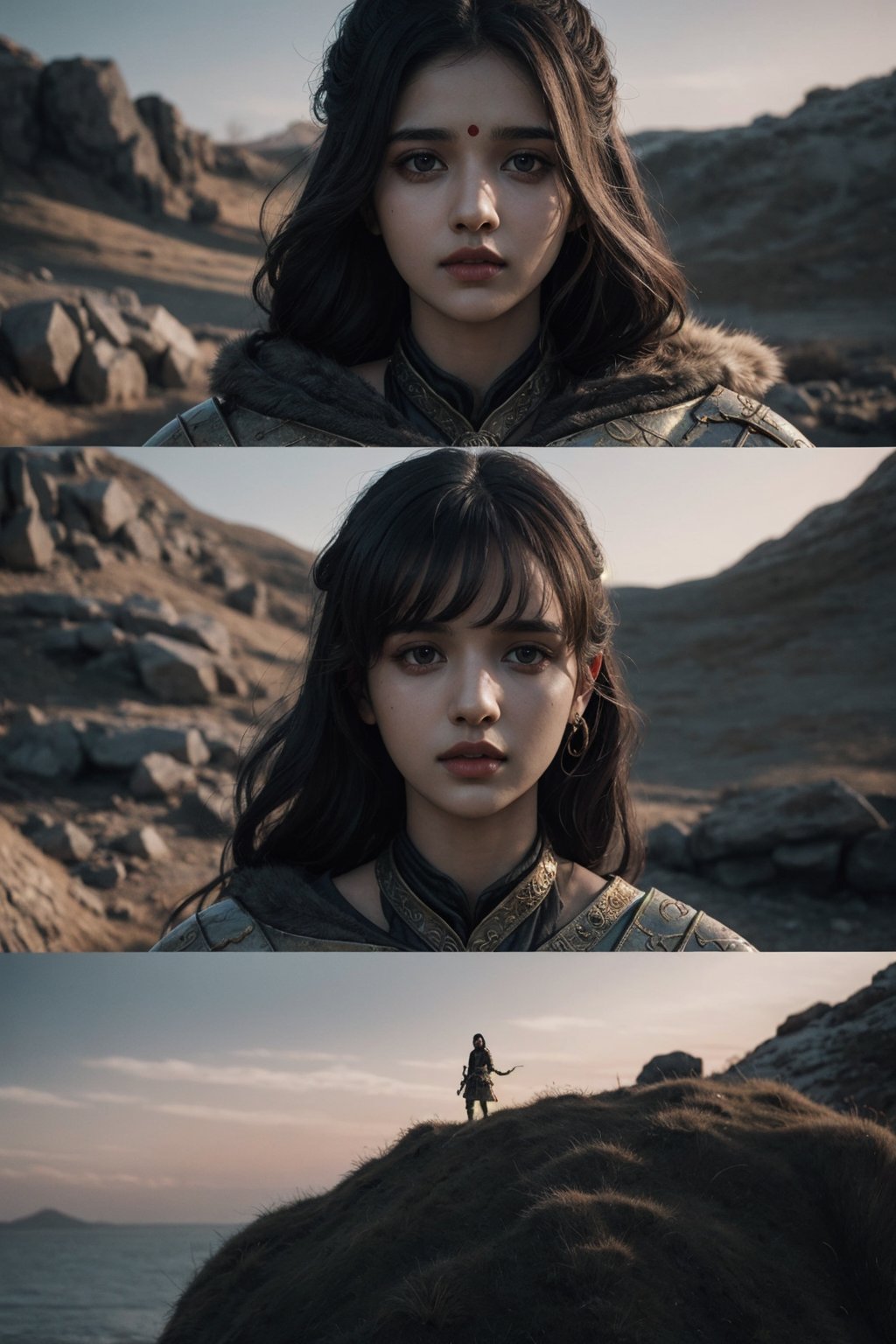 Full body, a Indian model Shirley setia as a game of thrones character ,  detailed face,   clear face,  Portrait, cinematic shot of game of thrones, dragons in the background 