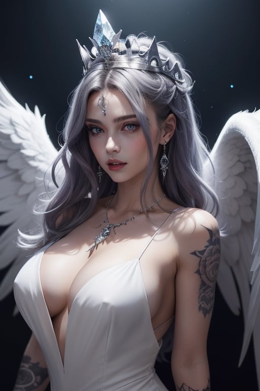 Beautiful woman, with long white curly hair, wearing diamond necklace, wearing long white goddess dress, wearing big angel wings cyberpunk, realistic face, realism, ultra high quality, ultra high definition , gothic punk, Victorian dress,wearing a diamond crown on her head, sky behind her, her body is covered in tattoos,