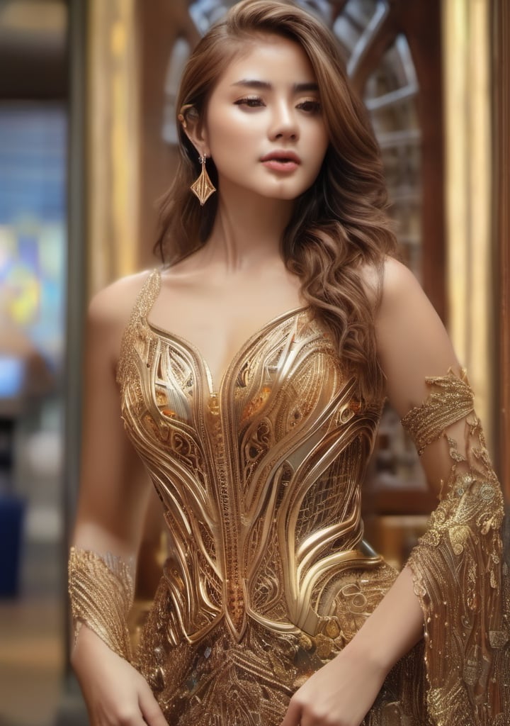 Full body image , 8k portrait of beautiful cyborg with brown hair, intricate, elegant, highly detailed, majestic, digital photography, art by artgerm and ruan jia and greg rutkowski surreal painting gold butterfly filigree, broken glass, (masterpiece, sidelighting, finely detailed beautiful eyes: 1.2), hdr, realistic, high definition, 