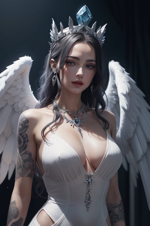 Beautiful woman, with long white curly hair, wearing diamond necklace, wearing long white goddess dress, wearing big angel wings cyberpunk, realistic face, realism, ultra high quality, ultra high definition , gothic punk, Victorian dress,wearing a diamond crown on her head, sky behind her, her body is covered in tattoos,