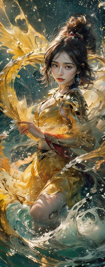 hyper realistic,hyper real,1girl,Chinese girl, fiercely lunges towards her enemy, star in eye, blush, perfect illumination, caramel hair styled as short hair, bright red hair, wearing golden headband around the head, star jewel earing, black eyes,  dressed in outfit with outer golden chest armor, beautiful wings, spraying water droplets in all directions, Gorgeous, ethereal aura, ray tracing, sidelighting, detailed face, bangs, bright skin, dreamlike atmosphere, starry nebula background, Sharp glossy focus, equirectangular 360, Highres 8k, extreme detailed, aesthetic, masterpiece, best quality, rich texture, kinetic move effect, colorful,Movie Still,solo,r1ge,
frown,