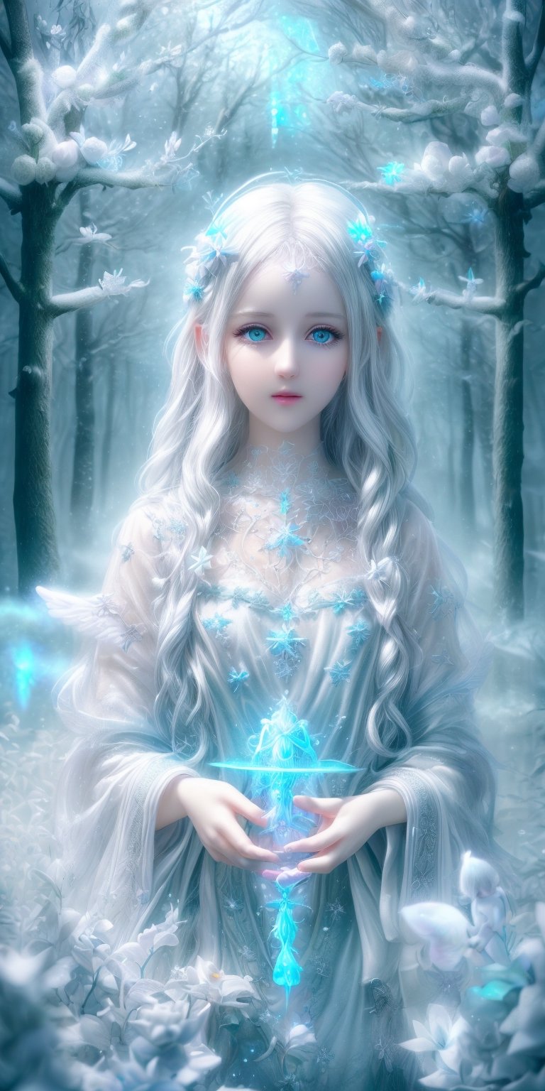 medium full shot, details face, white skin, white hair, white, Ultra detailed illustration of an angel lost in a magical world full of wonders, ((unique luminous forest)), highly detailed, pastel colors,  digital art, art by Mschiffer, night, dark, bioluminescence,Holy light