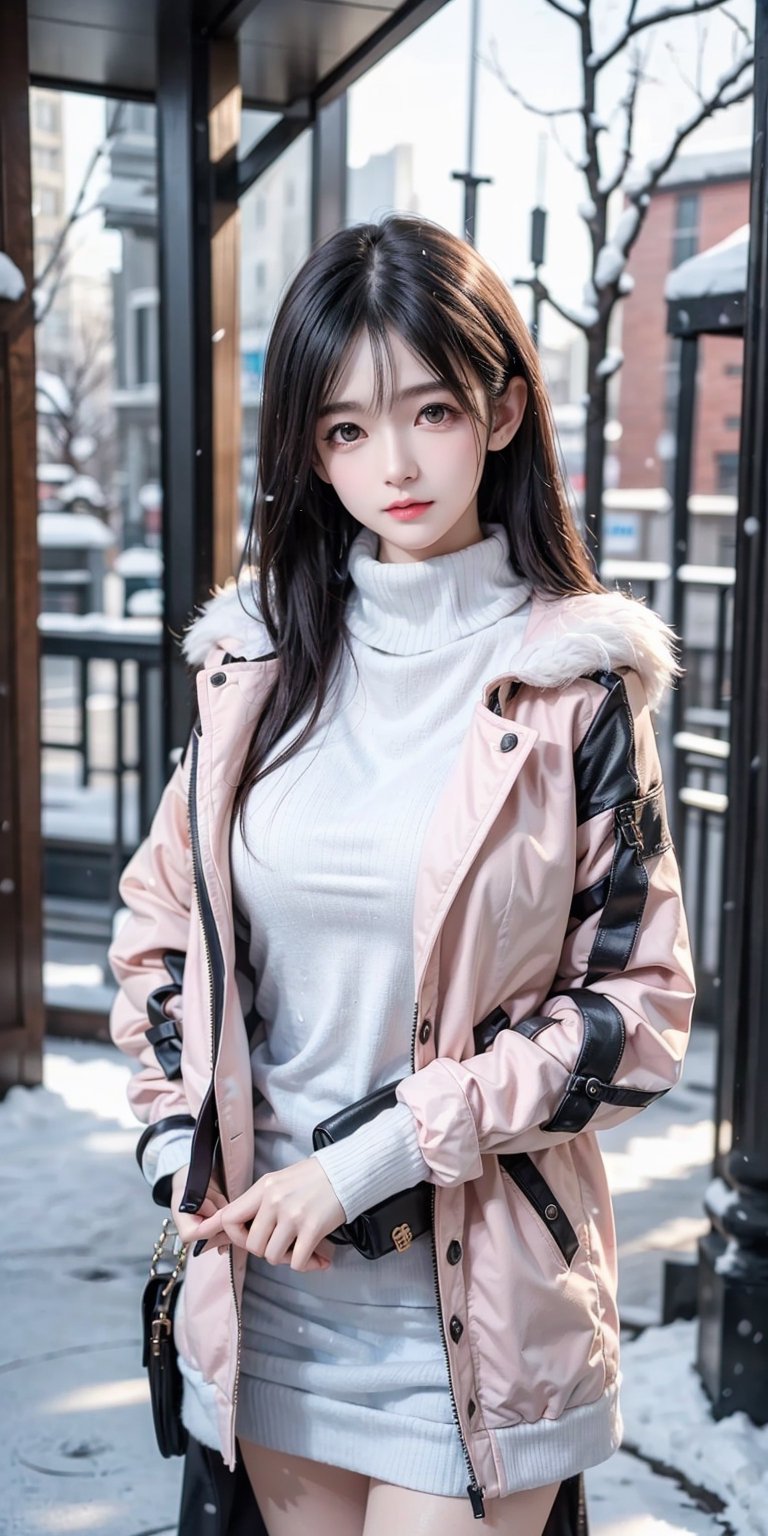 best quality,HDR,UHD,8K,Vivid Colors,solo,photo_,(1girl:1.3),(standing:1.3),(looking at viewer:1.4),Elegant,detailed gorgeous face,(upper body:1.2),bright,(snowing background:1.2),(pale skin:1.4),,Twinkle,pink coat,fur collar,bow