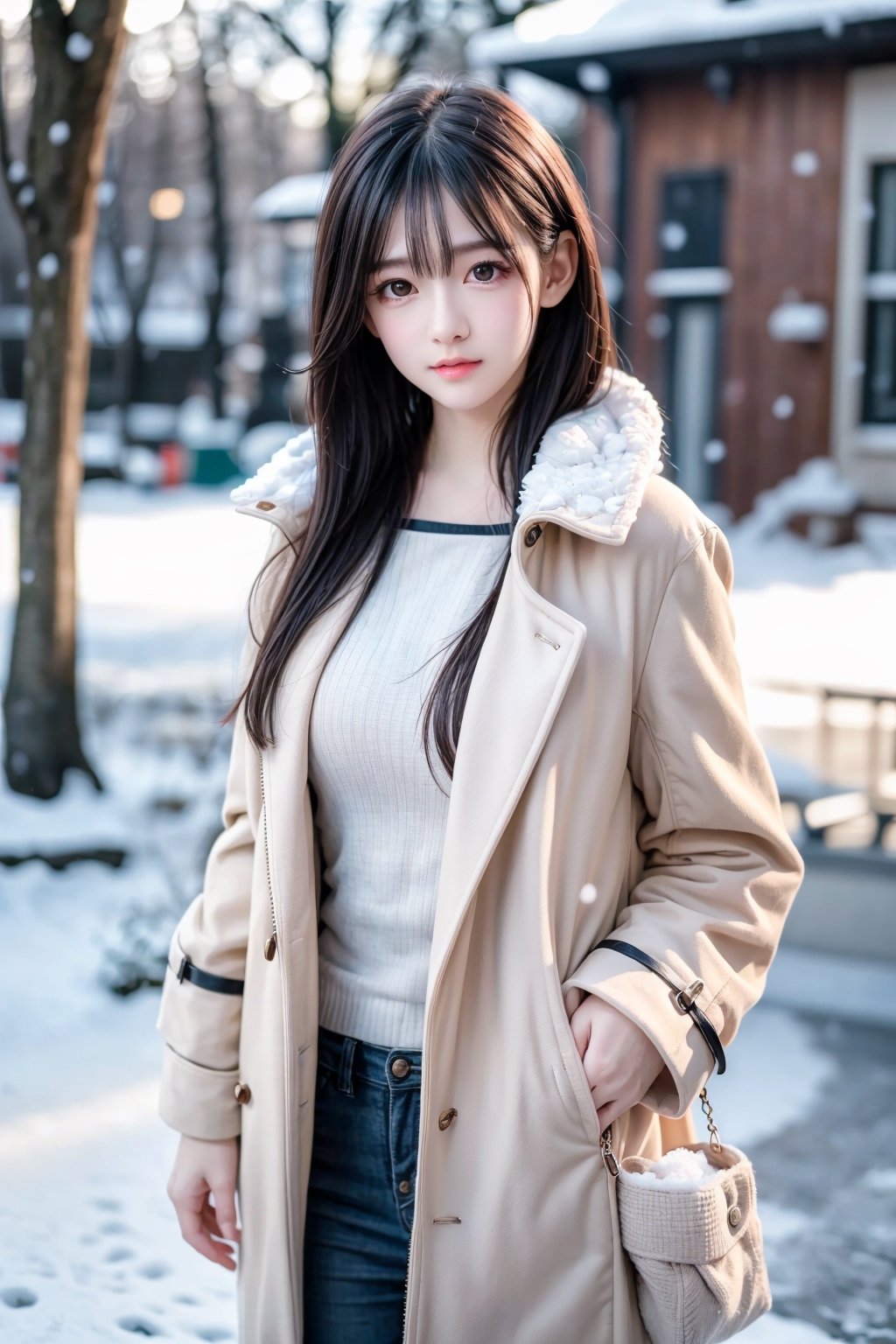 best quality,HDR,UHD,8K,Vivid Colors,solo,photo_,(1girl:1.3),(standing:1.3),(looking at viewer:1.4),Elegant,detailed gorgeous face,(upper body:1.2),bright,(snowing background:1.2),(pale skin:1.4),,Twinkle,pink coat,fur collar,bow