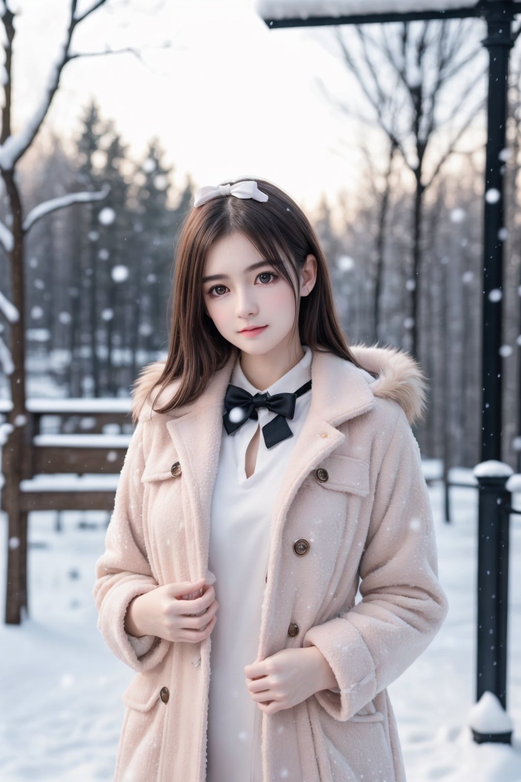 best quality,HDR,UHD,8K,Vivid Colors,solo,photo_,(1girl:1.3),(standing:1.3),(looking at viewer:1.4),Elegant,detailed gorgeous face,(upper body:1.2),bright,(snowing background:1.2),(pale skin:1.4),,Twinkle,pink coat,fur collar,bow