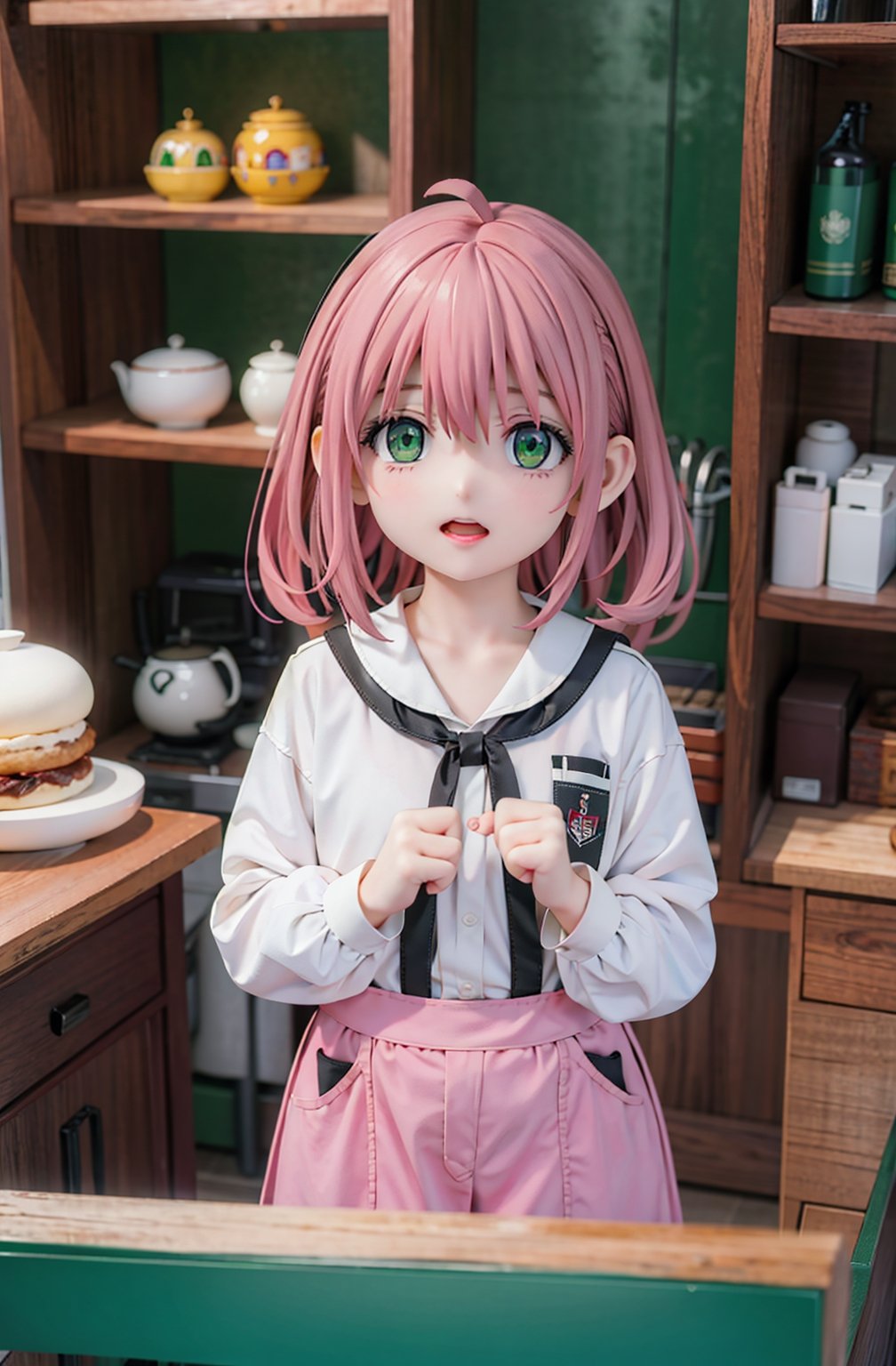 Best Quality, Masterpiece, Hi-Res, Solo, (anya_forger_spyxfamily:1.15), (((Pink Hair, more big eyes, Green Eyes))), Open Mouth, Bangs, 1 Girl, Closed Mouth, Meme, Ahoge, Upper Body , medium hair, forest, 15 years old, serafuku, bookshelf, petite, small, bob cut, 
