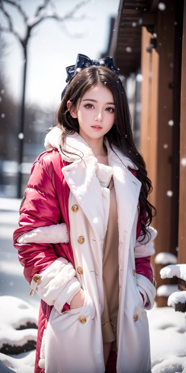 best quality,HDR,UHD,8K,Vivid Colors,solo,photo_,(1girl:1.3),(standing:1.3),(looking at viewer:1.4),Elegant,detailed gorgeous face,(upper body:1.2),bright,(snowing background:1.2),(pale skin:1.4),,Twinkle,pink coat,fur collar,bow