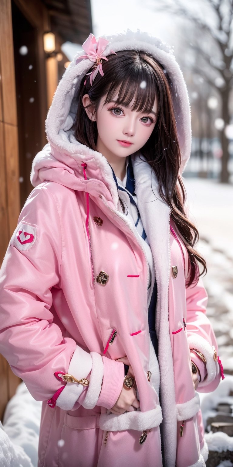 best quality,HDR,UHD,8K,Vivid Colors,solo,photo_,(1girl:1.3),(standing:1.3),(looking at viewer:1.4),Elegant,detailed gorgeous face,(upper body:1.2),bright,(snowing background:1.2),(pale skin:1.4),,Twinkle,pink coat,fur collar,bow,
