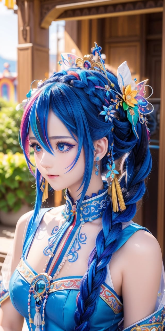 Ultra realistic,1 girl,beautiful blue eyes,superbly crafted updo hairstyles,amazingly intricate updo hair,7 colorful hair colors,each meticulously created braid decorated with ((delicate accessories and beads,aesthetic,Rainbow haired girl)) ,Realistic Blue Eyes,Flower queen, portrait, close shot, serious face, 
,Illustration