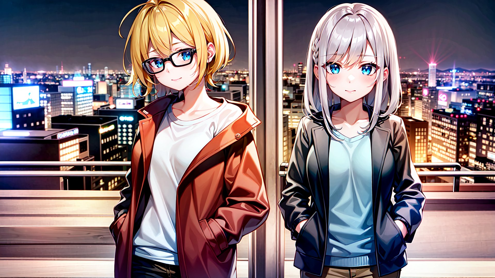 best quality, girl, shoulder-length_hair, yellow_hair, blue eyes, (detailed face), medium_breasts, short_pants, shirt, jacket, night, city, winter, standing, hands_in_pockets, ambitious girl