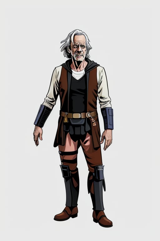 Comic style. Christopher Lloyd as Doctor Emmett Brown wearing a mandalorian armor. Full body. No helmet, White plain background,finger_gun