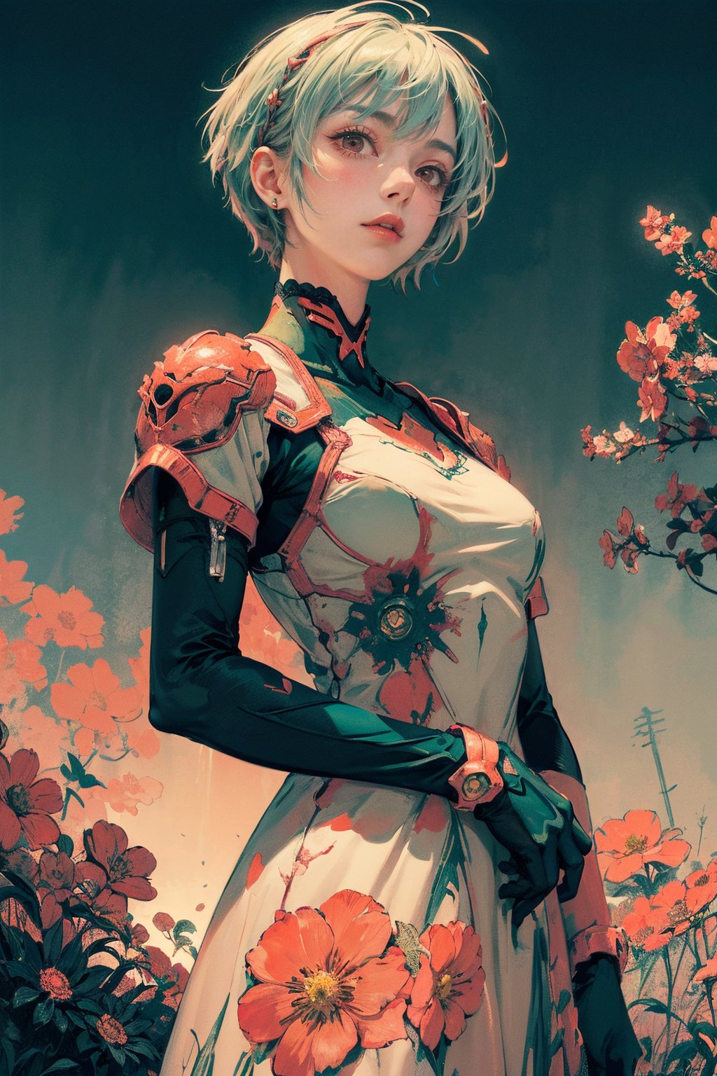 woman, flower dress, colorful, darl background,flower armor,green theme,exposure blend, medium shot, bokeh, (hdr:1.4), high contrast, (cinematic, teal and orange:0.85), (muted colors, dim colors, soothing tones:1.3), low saturation, Rei Ayanami from Evangelion