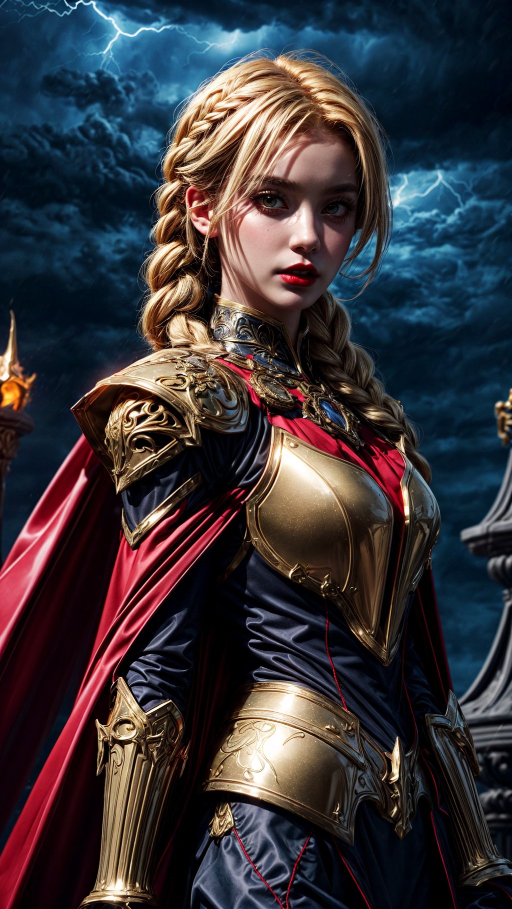 solo, portrait of paladin lady in ornate armor, red lips, pauldrons, frills, cape, blonde hair, braid, glowing halo, night, particles, royal castle background, bokeh, yellow lightning, storm, dark clouds