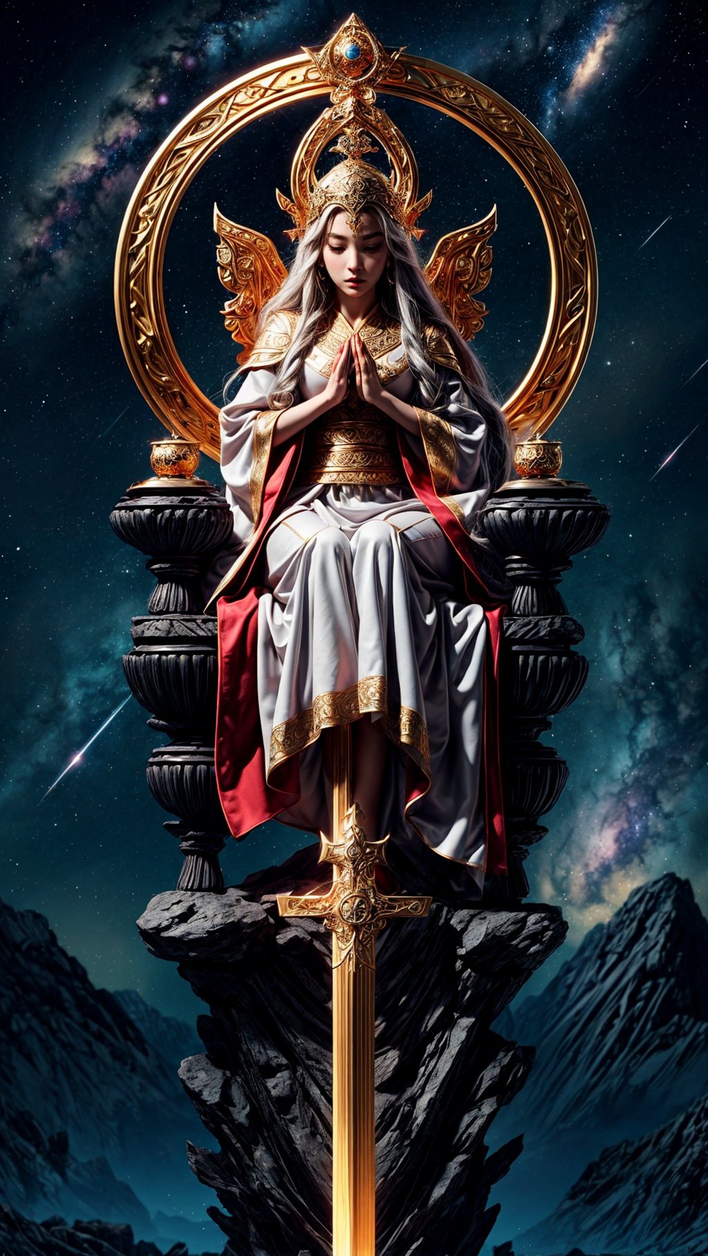 1 girl, throne, tunic,swords, large, robes, taight robes, galaxy, universe, conteslations, loto position, padmasana, meditating, levitating, norse mythology symbols, myth, valhalla, on top, night, stars, Shooting Star, bright sky, dynamic, ethereal glow, cosmic, godlike, divine, tenebrous, perfect face, korean face, serious face, looking at viewer, perfect eyesight, golden eyes, runes, long hair
