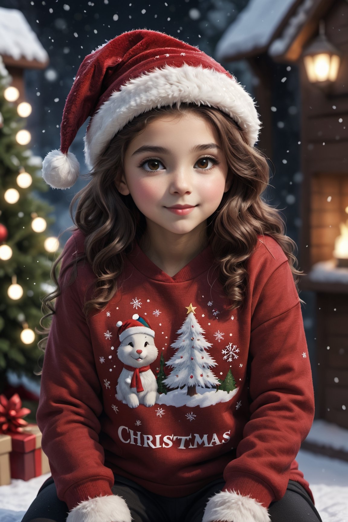 (8k, RAW photo, highest quality)
A hyperrealistic Cute cartoon style girl, tender and sweet. Sitting, dressed in a dark red fluffy sweatshirt with the , broun long curly hair, Christmas hat with in name osmary" rex colors and light sparkles. Background with Christmas theme, snow, snowflakes, poinsettias. Name "ALEXIA"., typography, 3d render, painting